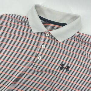 Under Armour Polo Mens Medium Grey Orange Striped HeatGear Loose Fit Golf Shirt